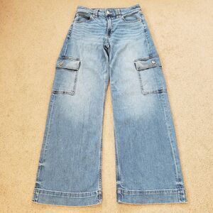 American Eagle Super High Rise Baggy Wide Leg Cargo Jeans Stretch Blue Size 2
